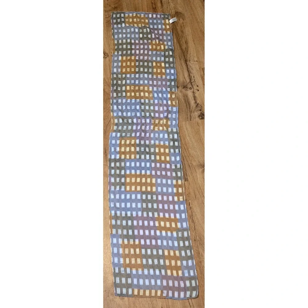 Worthington Womens Sheer Scarf 13x60 Blue Gold Geometric Metallic Stripe Squares